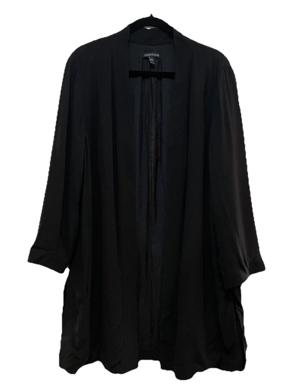 EILEEN FISHER Black 100% Silk Georgette Crepe Long Sleeve Long Jacket Sz XL